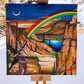 A Native American man with an arrow shooting a rainbow into the sky over canyons. There is a sunset in the background. 
